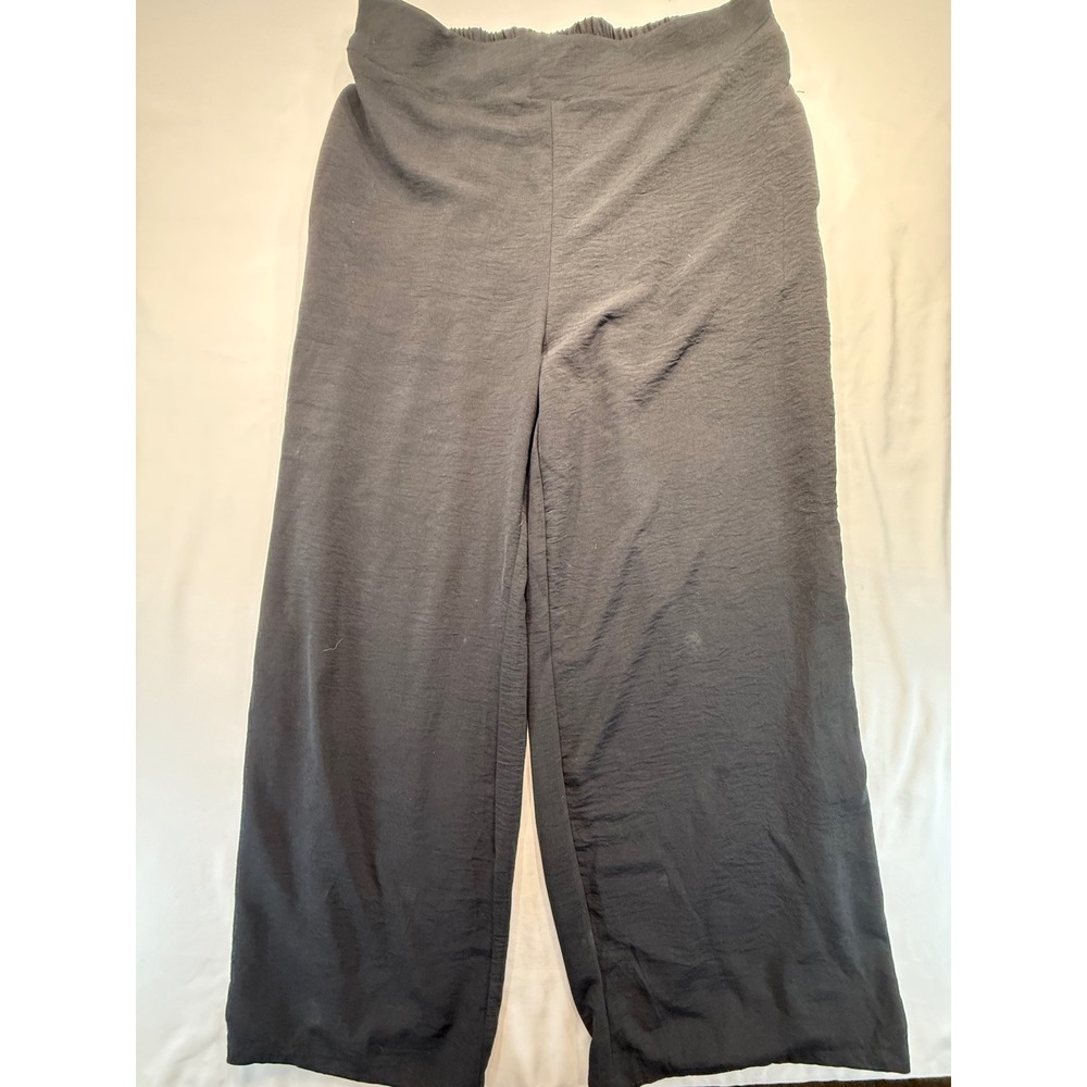 Womens Black Wide Leg Pants XL Elastic Waist Textured Pull On Trousers 7206
